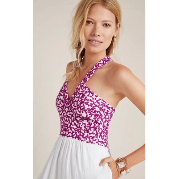 Anthropologie Womens Maxi Dress Size 2P White Pink Embroidered Manuela Halter - Picture 5 of 8